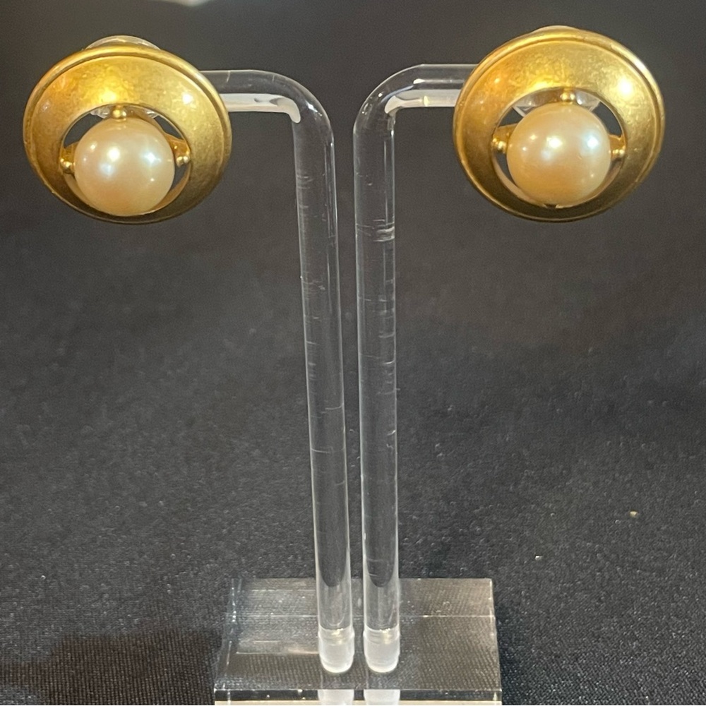 Vintage Signed Monet Faux Pearl Gold Tone Pierced Earrings
